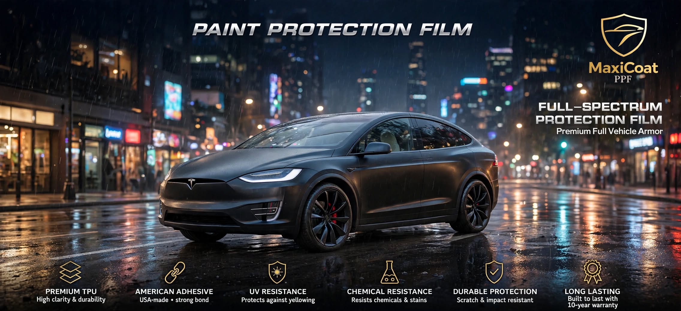 Black SUV protected with MaxiCoat PPF on a rainy city street